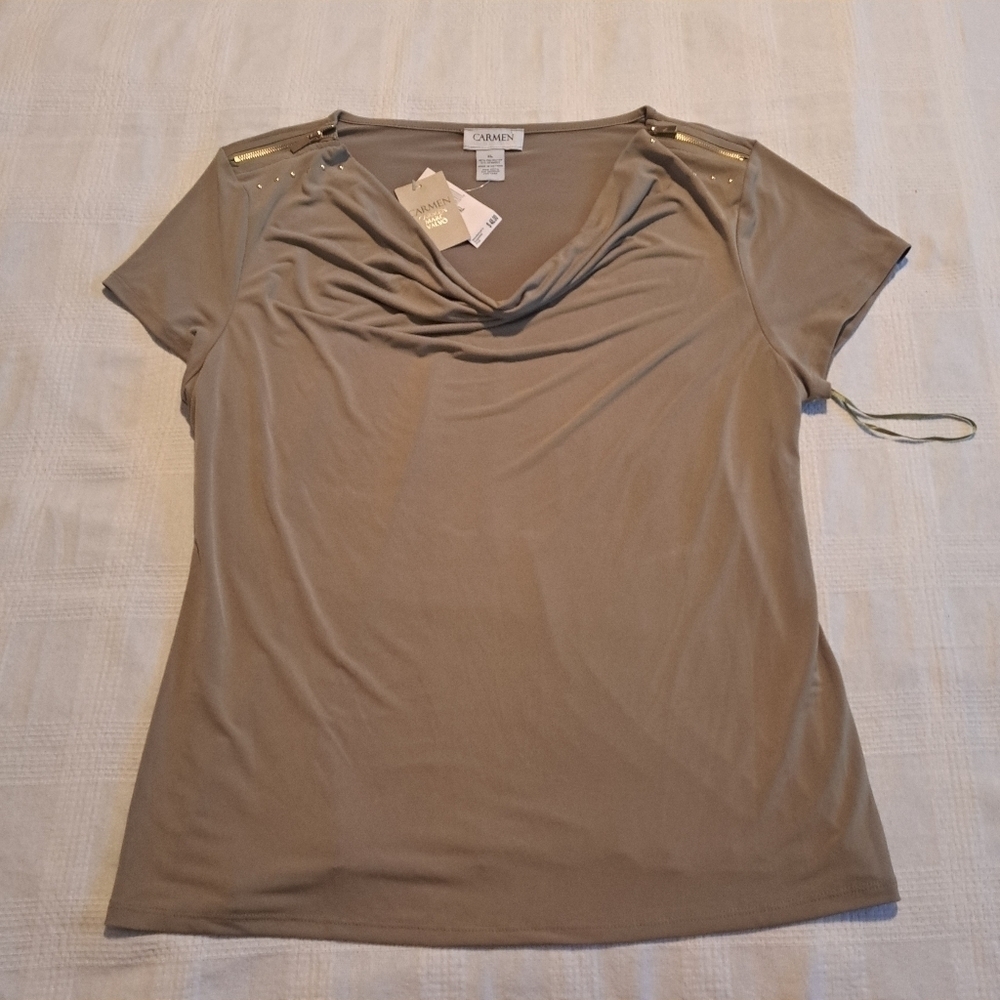 Carmen Marc Valvo women's size XL olive green, shoulder zipper waterfall collar
